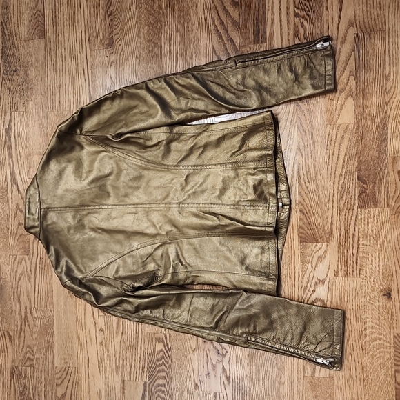 (XXS) le Chateau Metallic Bronze Moto Leather Ruched Zipper Jacket - Picture 10 of 13